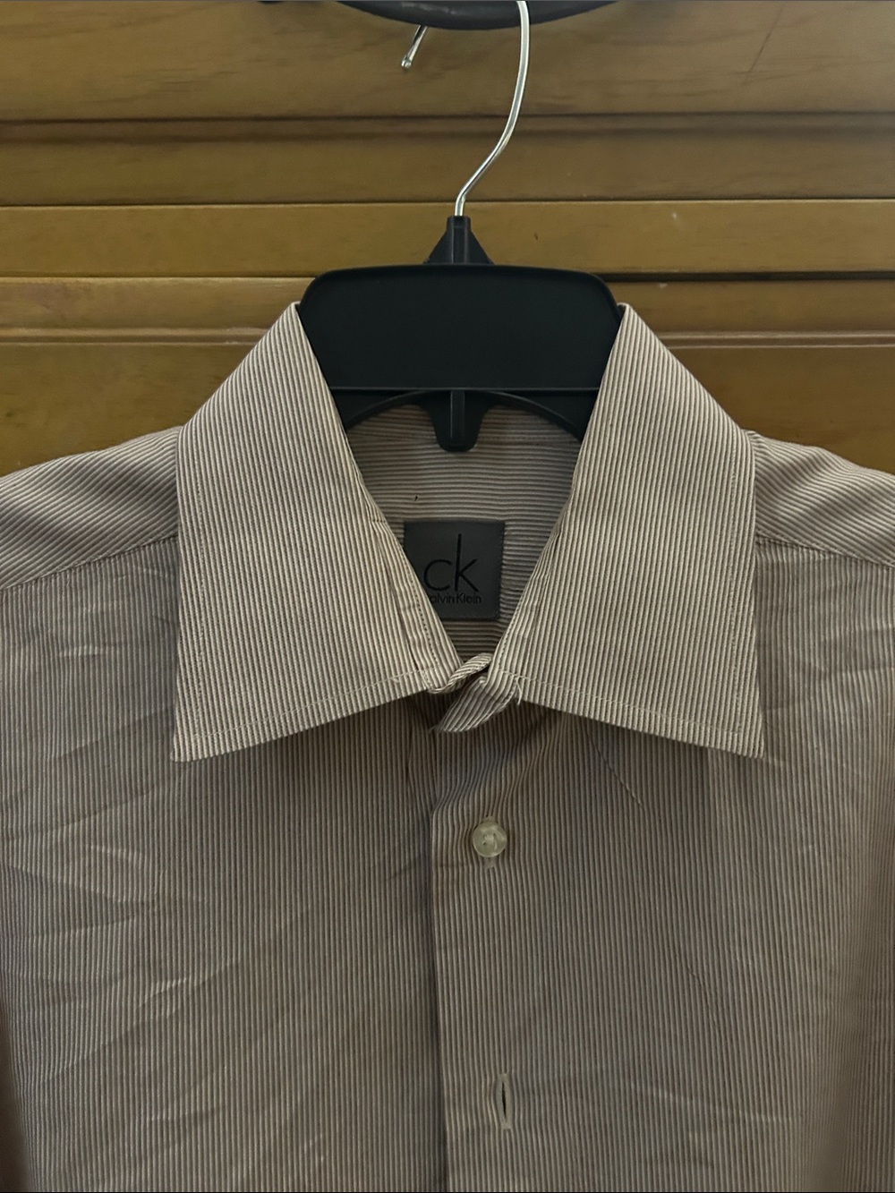 Calvin Klein Men’s Button-Up Dress Shirt in Light Brown Pinstripe
